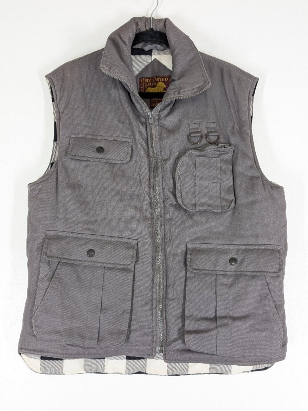 BRANDED LION Vest Men's L Gray Zip Snap Lined Safari Pockets Outdoor Utility